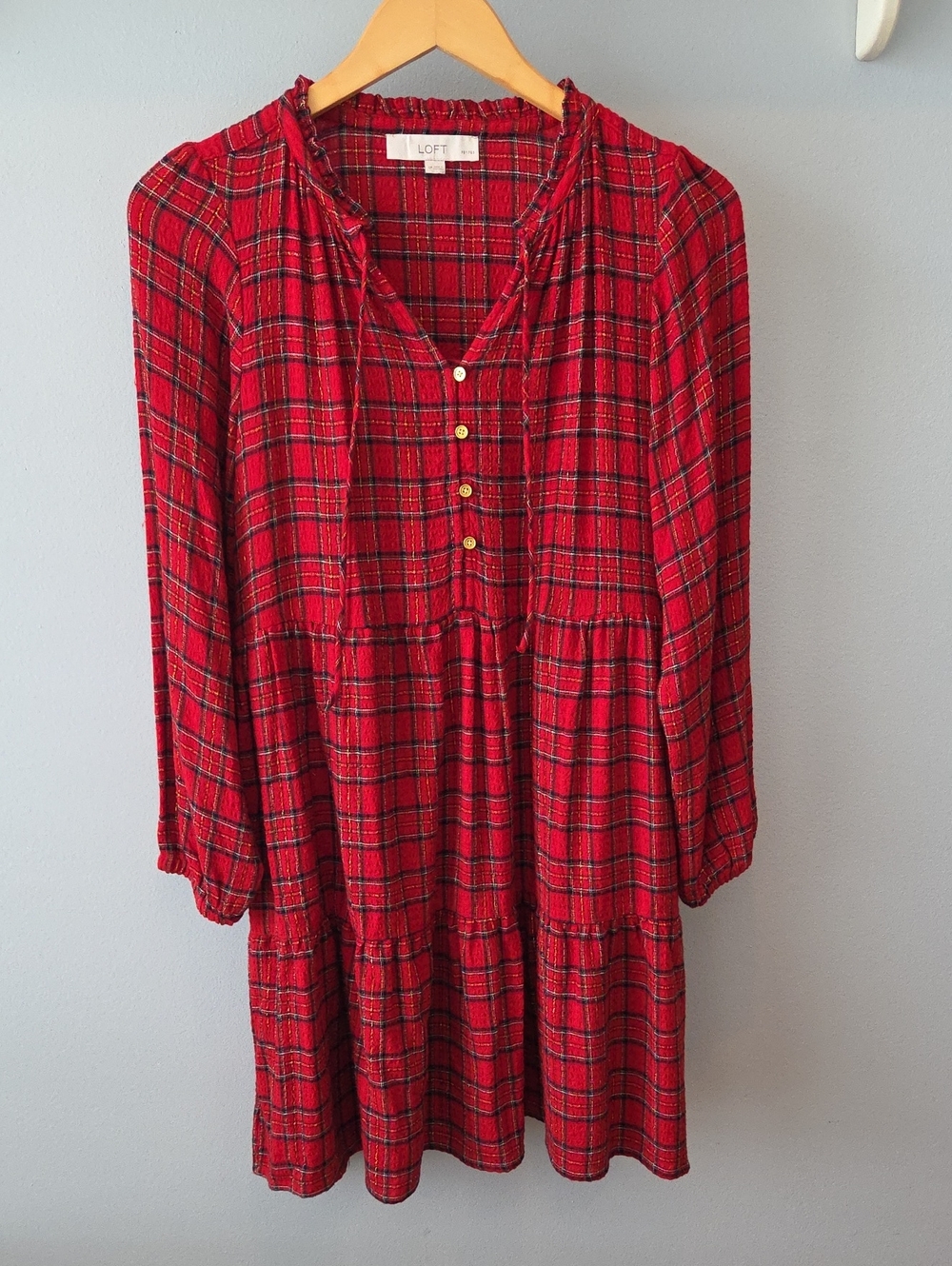 LOFT Red Plaid Babydoll Dress Petite Small Pockets